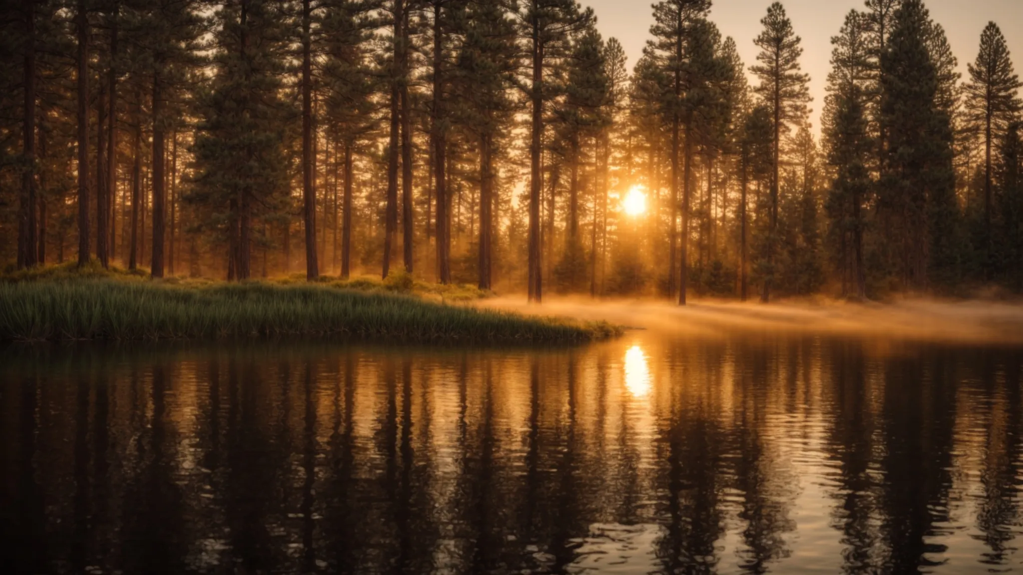 a golden sunset bathes a serene lake surrounded by tall pine trees.