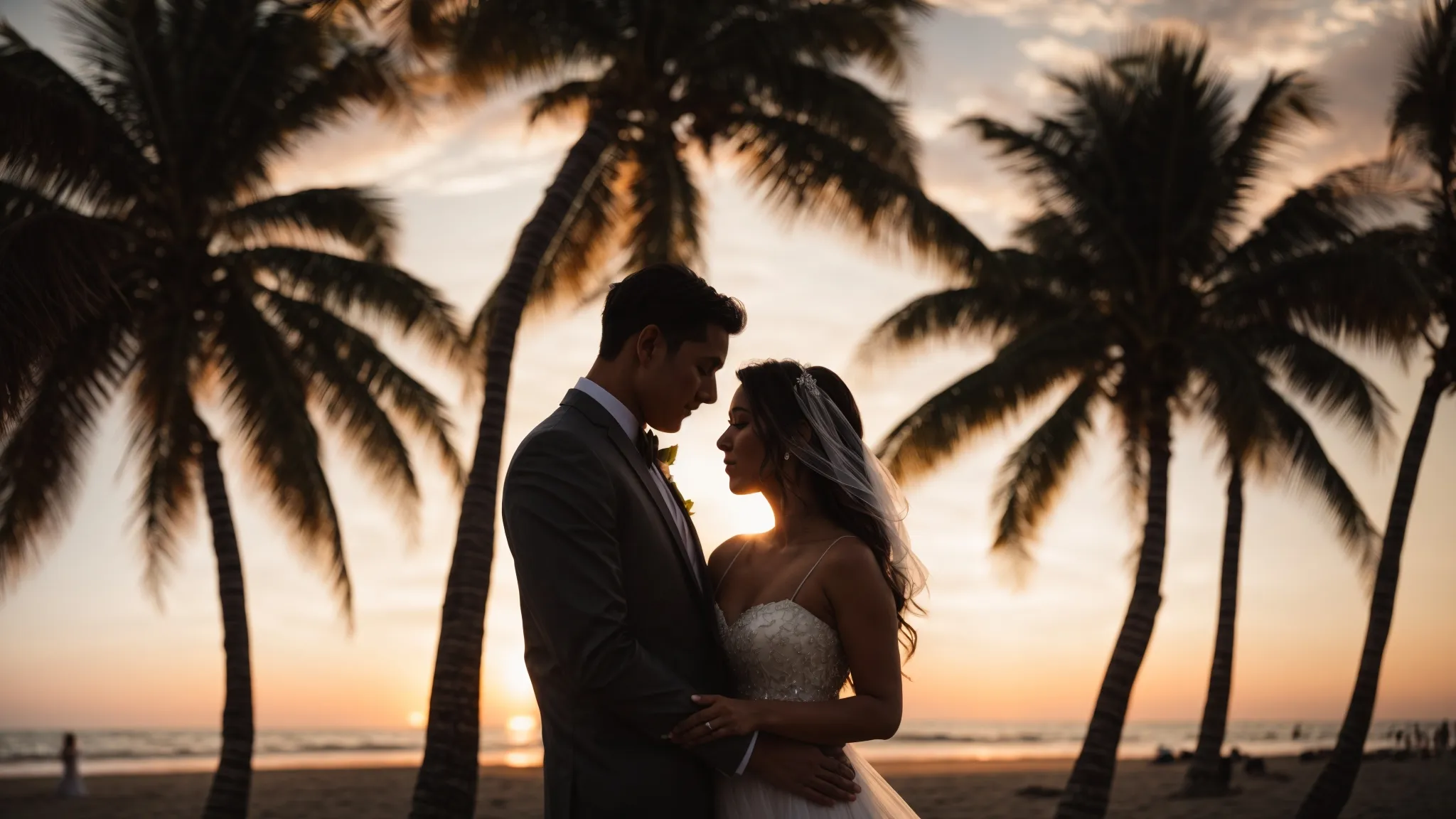 a newlywed couple embraces at sunset on a tranquil beach, framed by the silhouette of swaying palm trees.